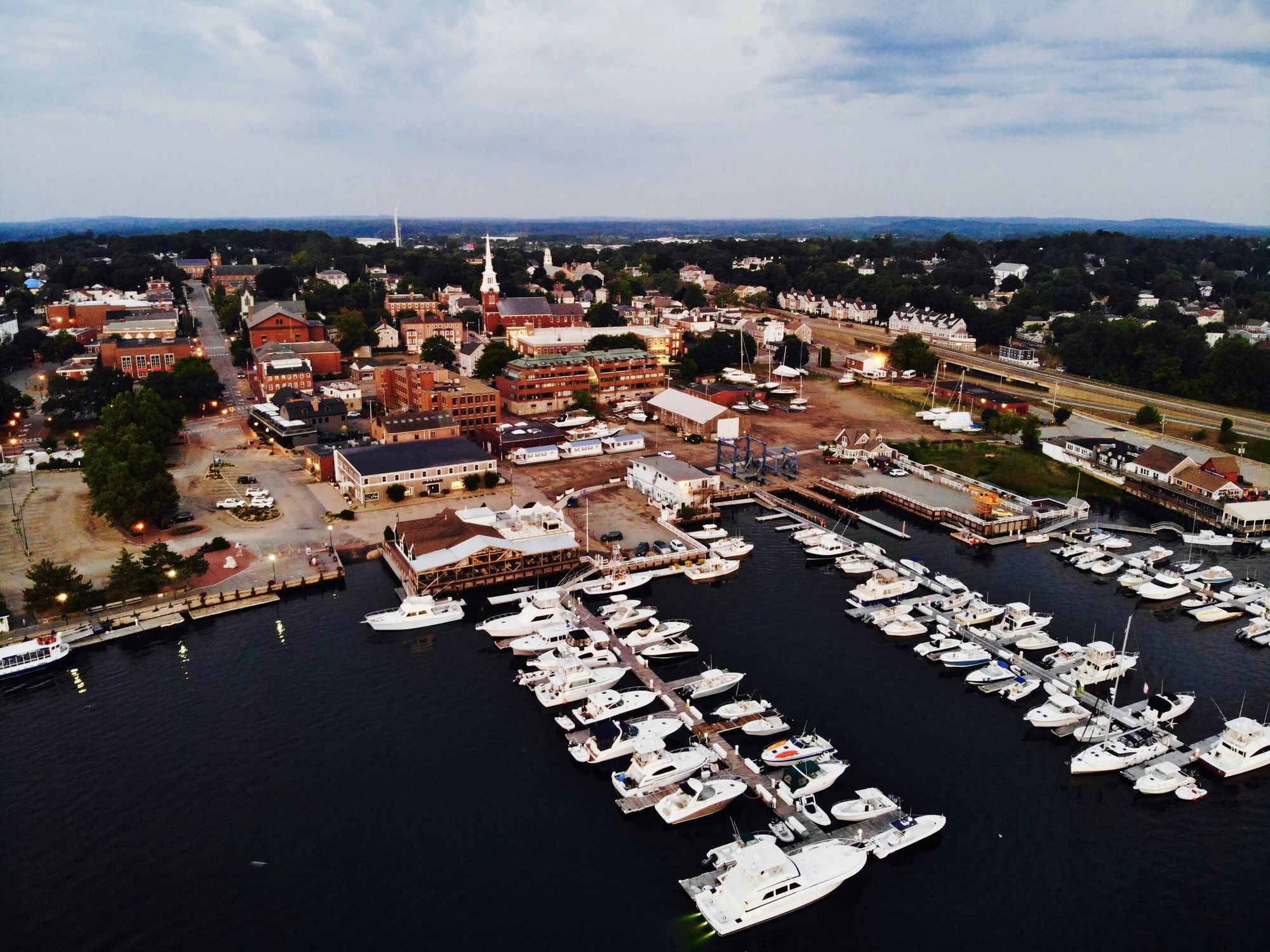Newburyport harbor and marina at dusk on the Merrimack River