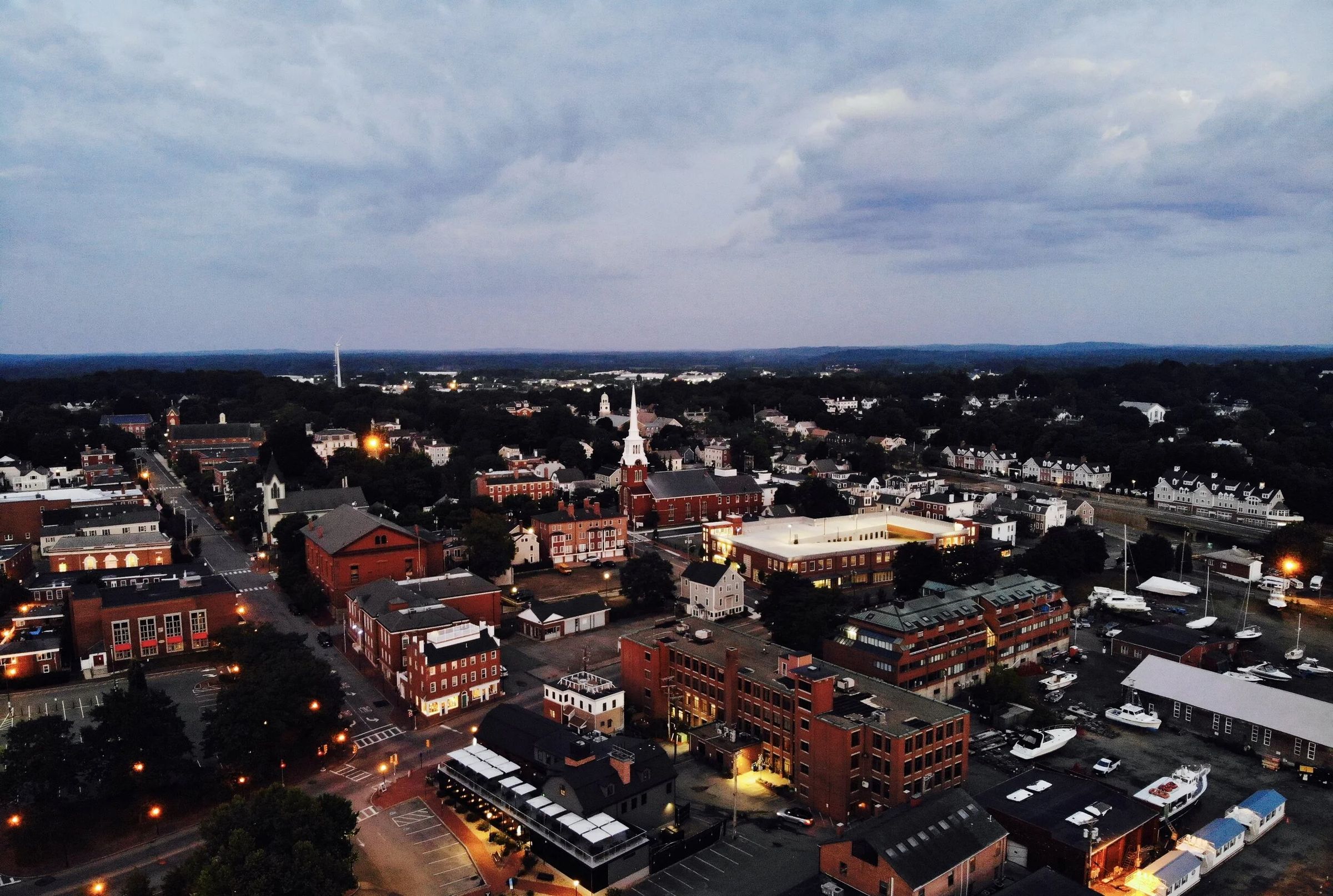 Aerial view of downtown Newburyport, Massachusetts at dusk